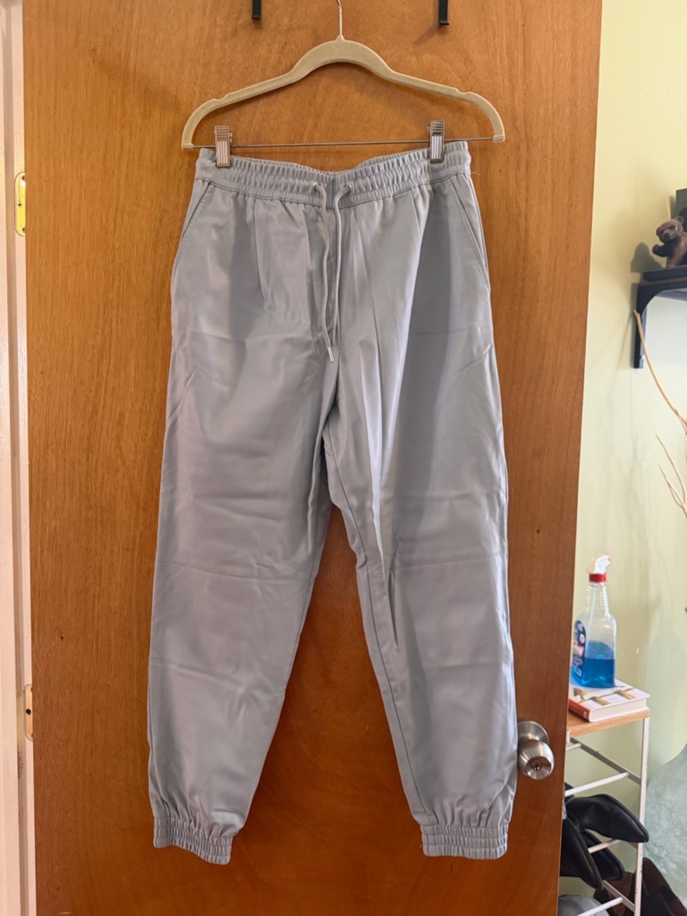 Women’s Light Blue Leather Jogger Pants - Elastic Waist & Ankle